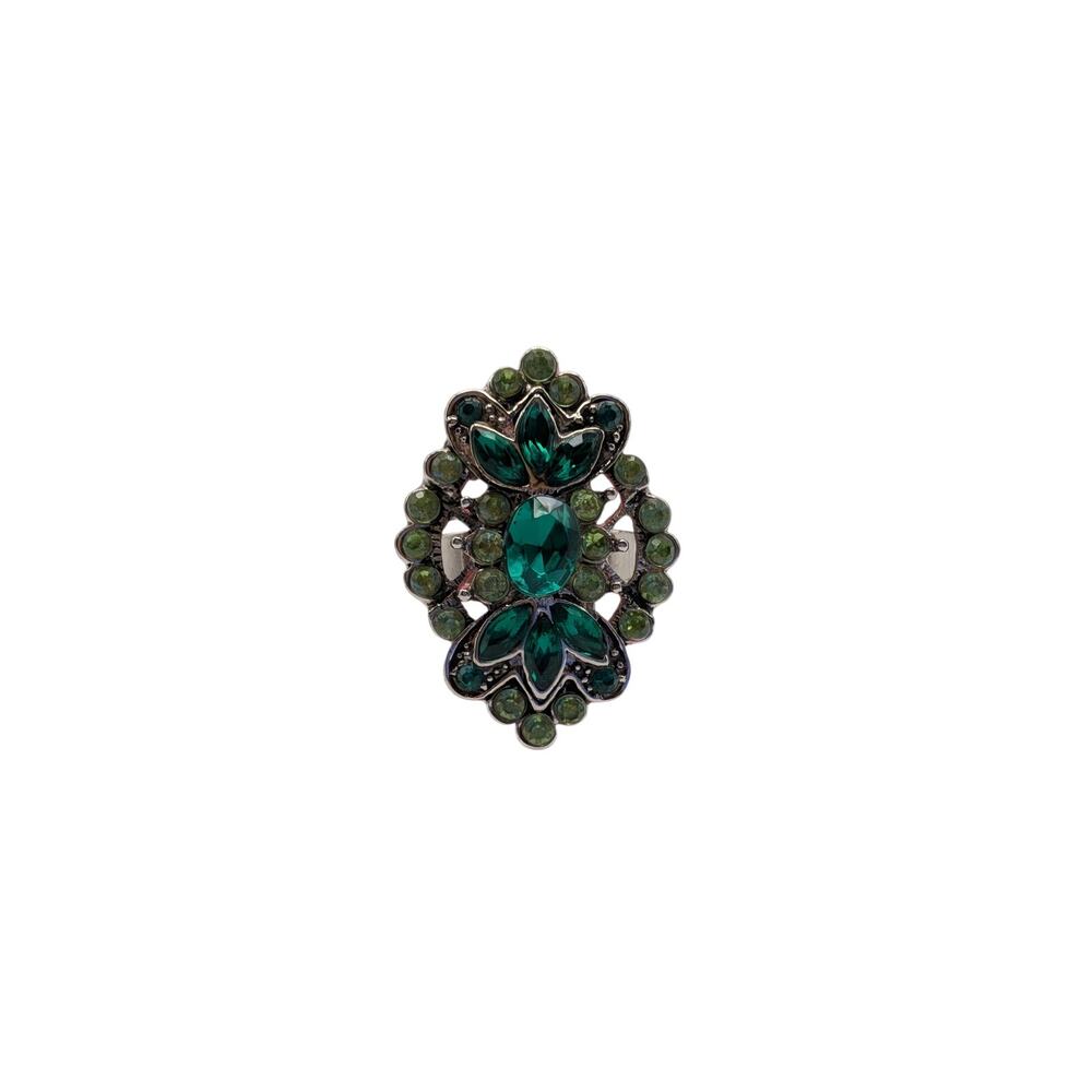 Vintage Green Rhinestone Floral Statement Ring Adjustable Size 6